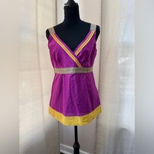 Boden Silk/Cotton Blend VNeck Tank Top Purple Yellow Sz 6 Boho Chic Classiccore